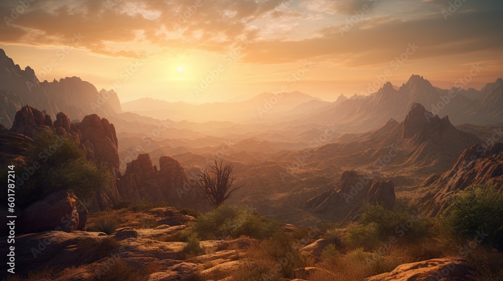 Poster the sun is setting over the mountains and valleys in the desert. generative ai