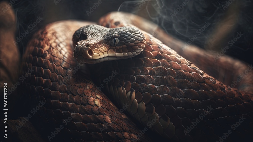 Poster a snake with its mouth open and it's tongue out. generative ai