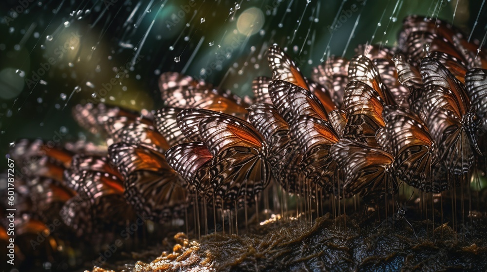 Poster a bunch of butterflies that are sitting on a tree branch. generative ai