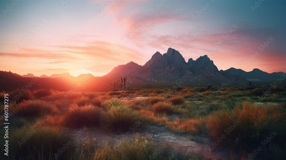 Poster the sun is setting over a mountain range with a cactus in the foreground. generative ai