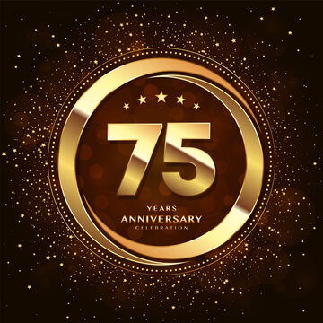 75th anniversary logo with double rings and gold font decorated with glitter and confetti