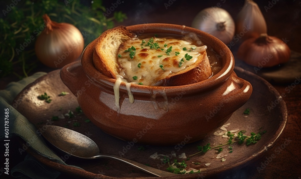 Aufkleber  a bowl of soup with a slice of bread in it.  generative ai