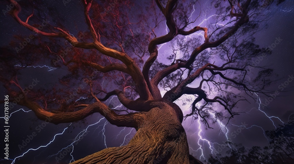 Poster a large tree with a lot of lightning in the background. generative ai