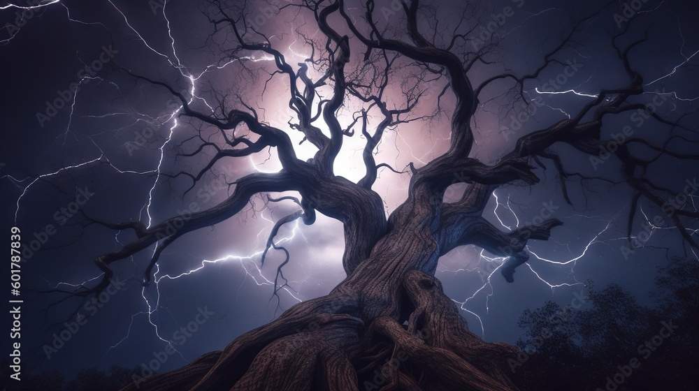 Poster a tree with a lightning bolt in the background and a full moon in the sky. generative ai