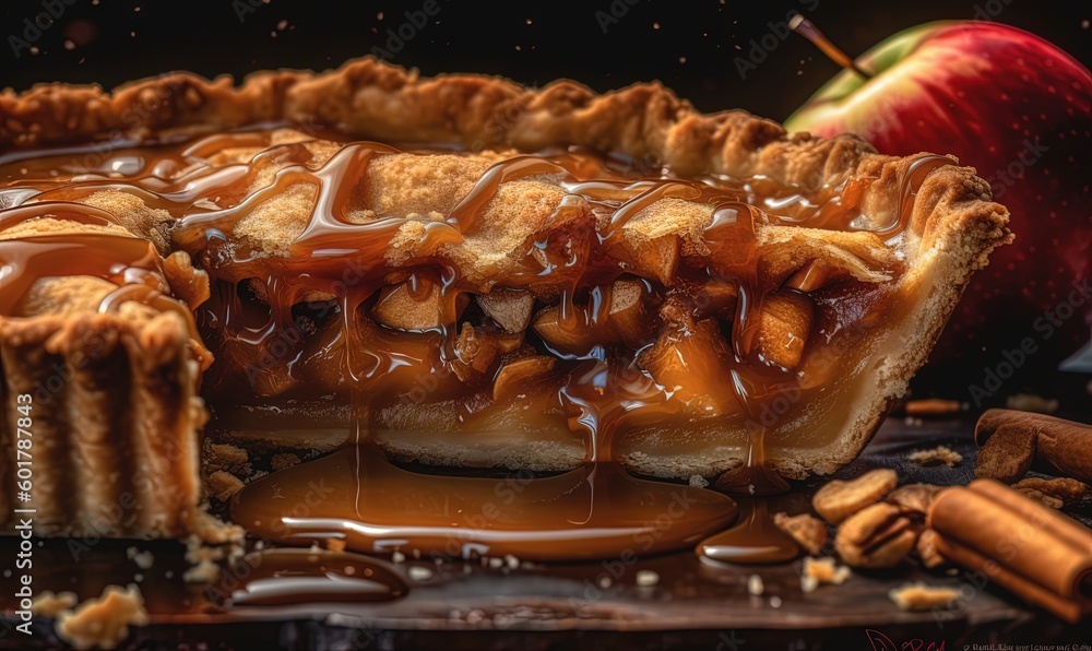 Poster a caramel apple pie with a slice cut out of it. generative ai