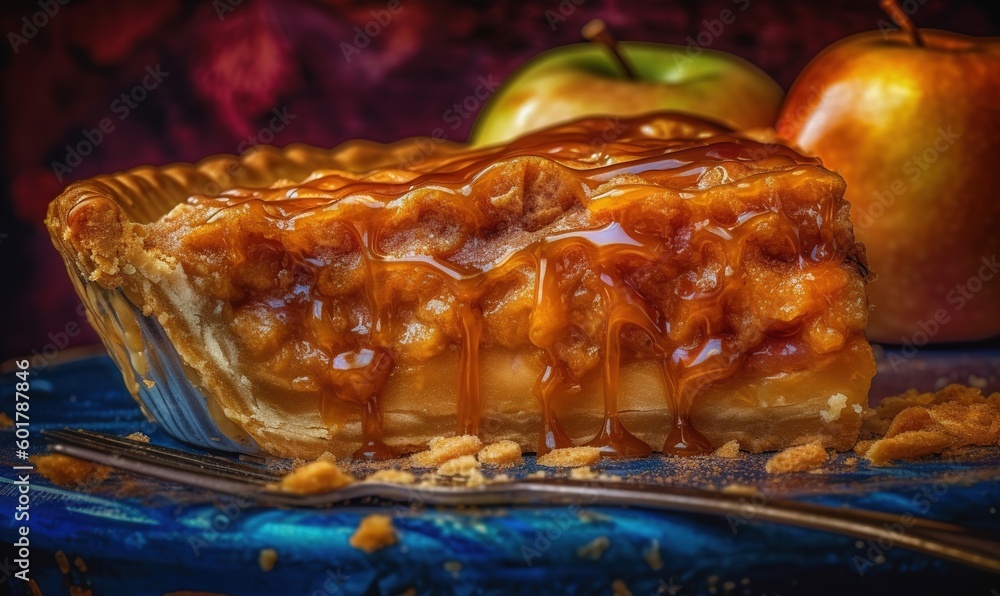Poster  a close up of a pie on a plate with an apple in the background.  generative ai