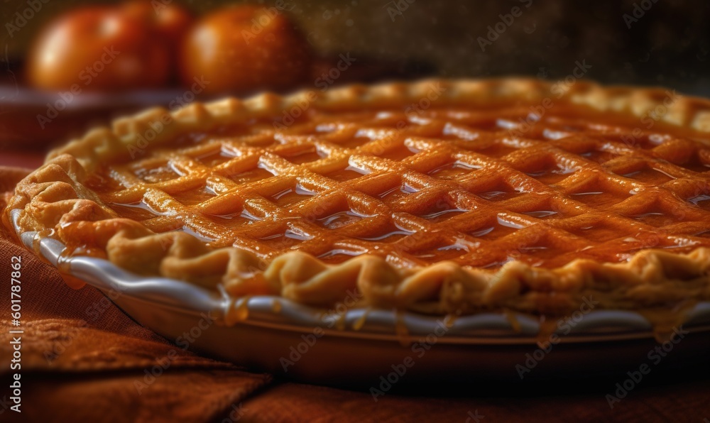 Poster a close up of a pie on a plate on a table. generative ai