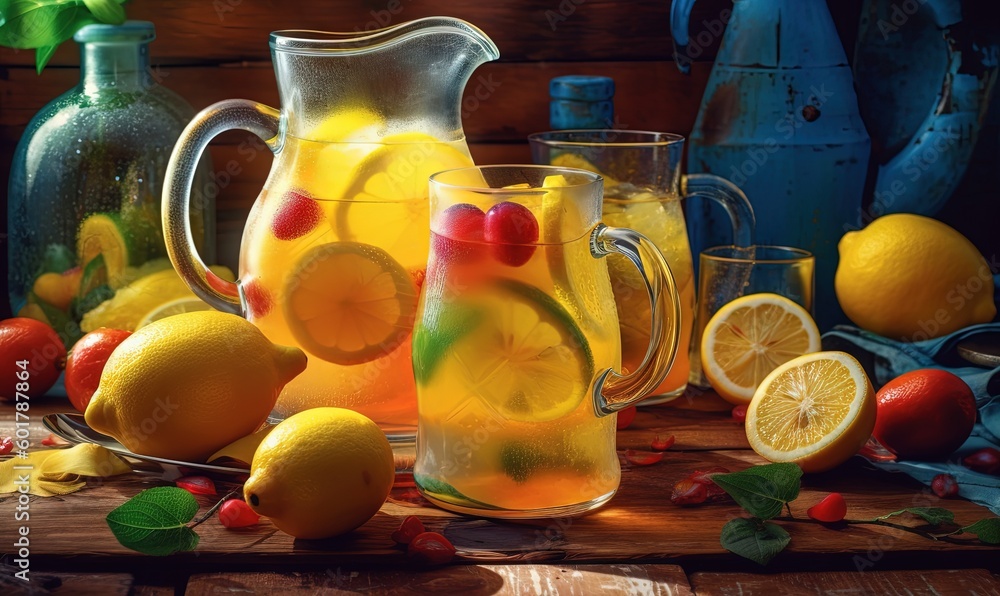 Poster a pitcher of lemonade next to a pitcher of lemonade. generative ai