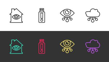 Set line House with eye scan, USB flash drive, Eye and Internet of things on black and white. Vector