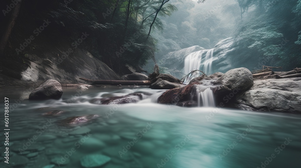 Poster a stream running through a forest filled with lots of rocks. generative ai