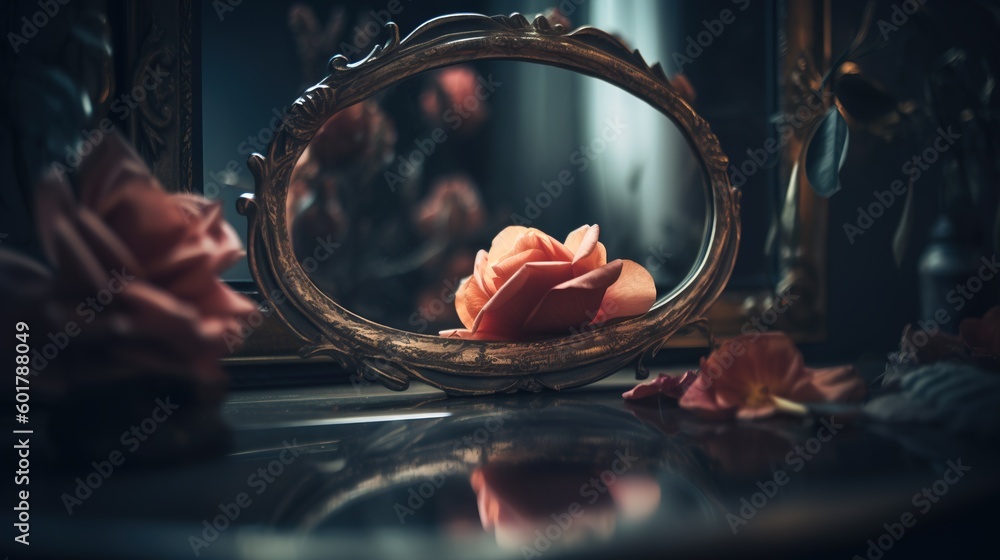 Poster a mirror with a rose in it sitting on top of a table