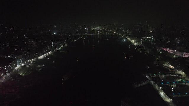 Night aerial view of the launch terminal, old dhaka, bangladesh
