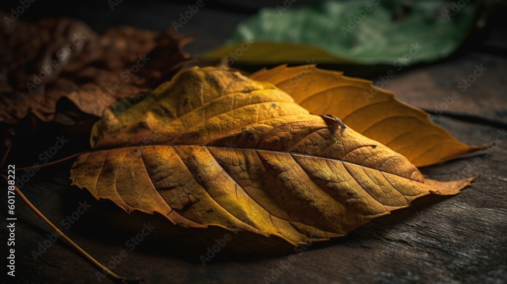 Poster a close up of a leaf on a table with other leaves. generative ai