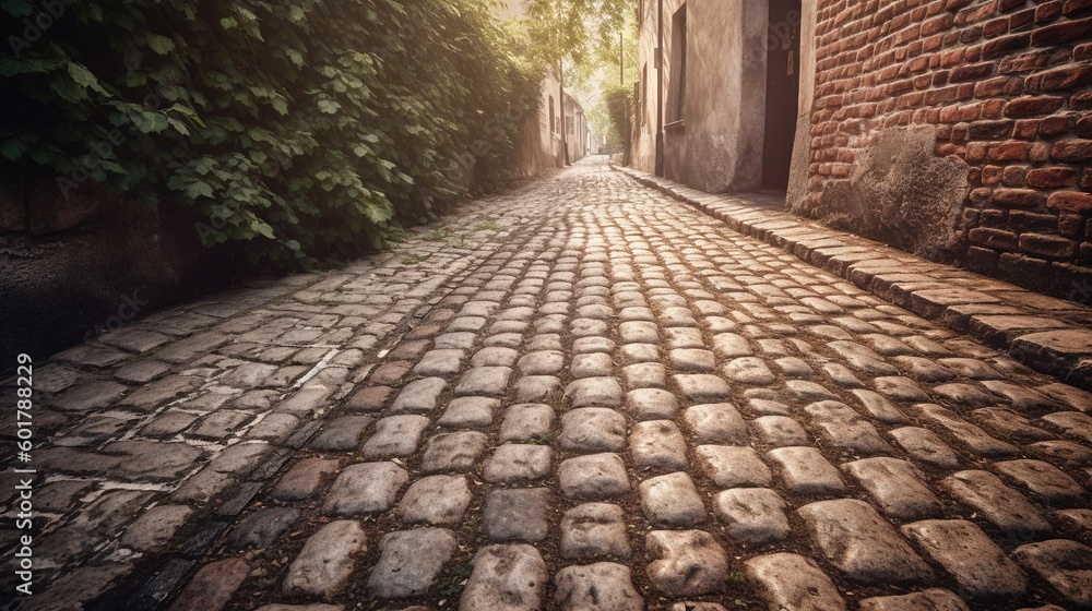 Poster a cobblestone street with a brick building and trees. generative ai