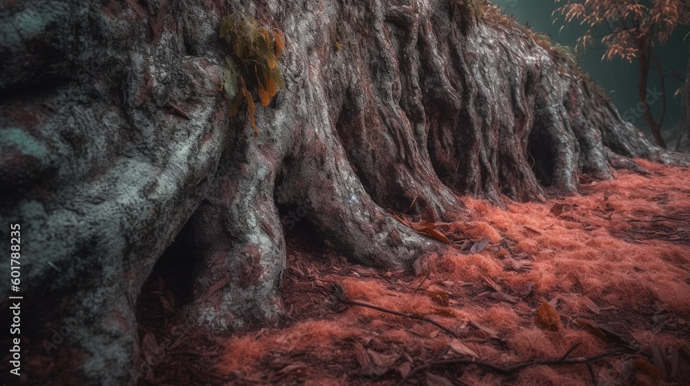 Poster a very large tree in a forest filled with red dirt. generative ai