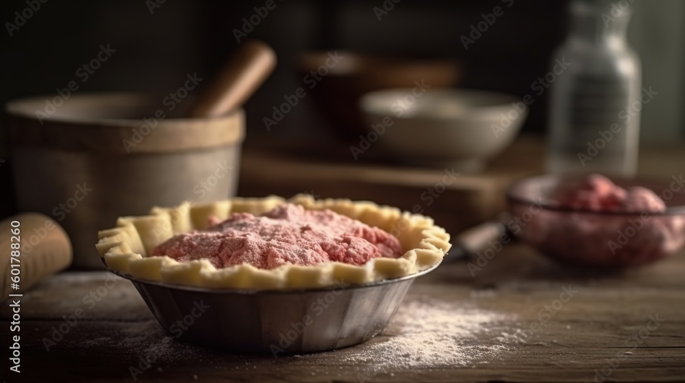 Poster a pie crust in a pan on a table with a rolling pin. generative ai