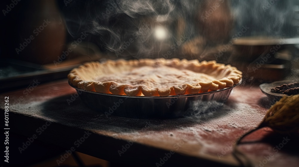 Poster a pie crust in a pie pan on a counter top. generative ai