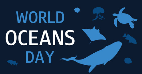 World oceans day. June 8. Save the ocean concept design. Horizontal banner with sea life. Flat vector illustration. 
