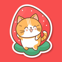 Vector cute strawberry cat kawaii style sticker Children illustration Meow Animal print yammi berry sweet