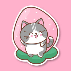 Vector cute strabrerry cat kawaii style sticker Children illustration Meow Animal print yammi berry sweet