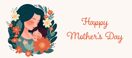 Happy Mother holding baby surrounded by flowers flat vector illustration. Mother hugs her child, motherhood. Celebration of Happy Mother's Day greeting card.
