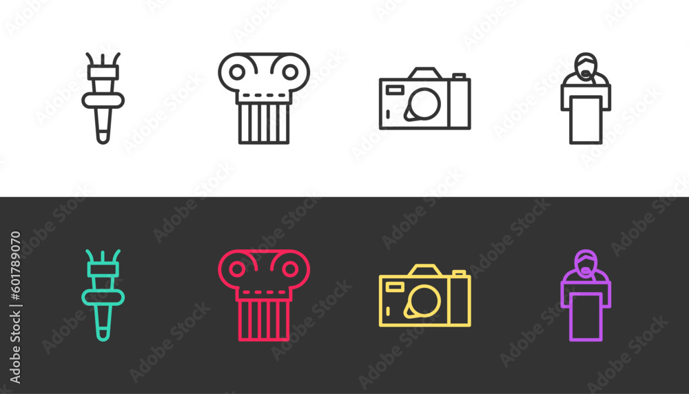 Poster set line torch flame, ancient column, photo camera and gives lecture on black and white. vector