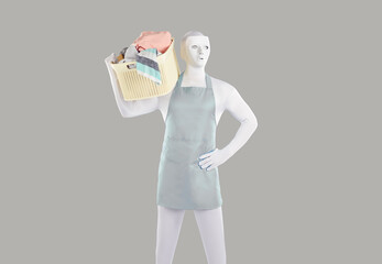 Human or humanoid home robot helper doing housework. Unusual man wearing apron, mask and white...