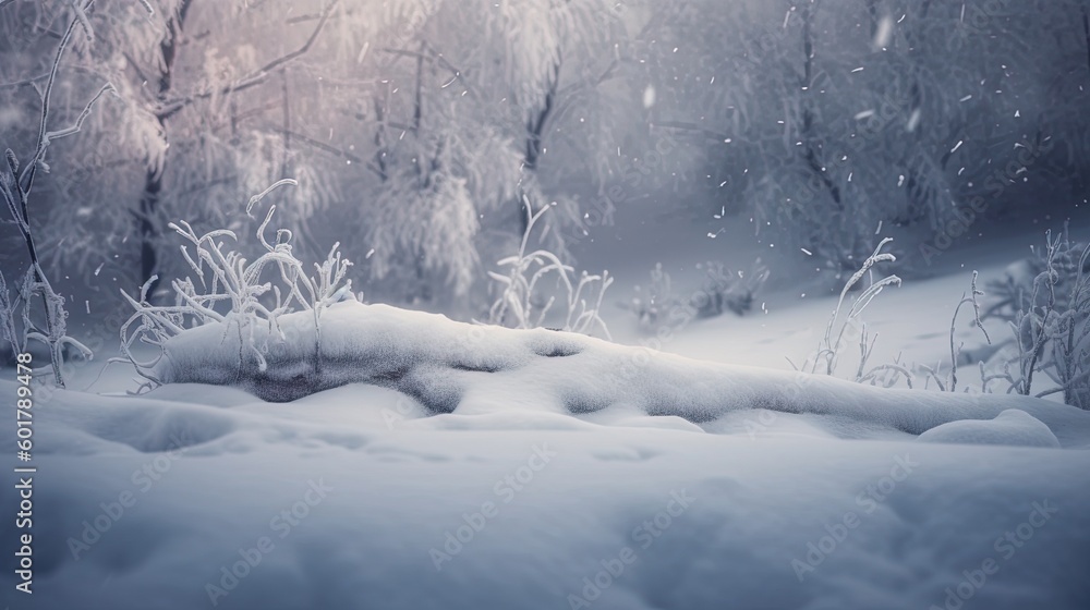 Poster a snow covered area with trees and bushes in the background. generative ai