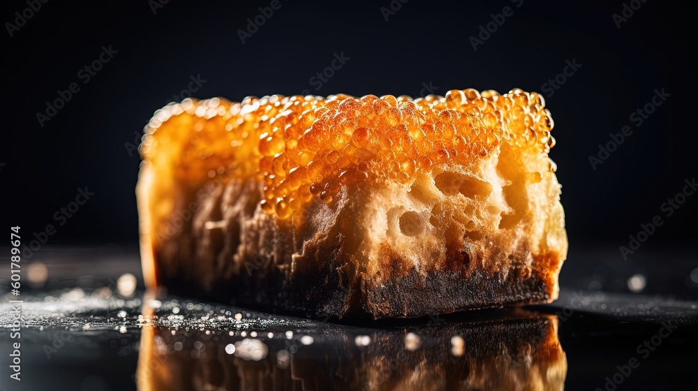 Poster a piece of bread with honey on it on a table. generative ai