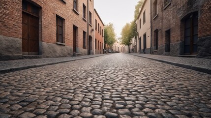 Fototapeta na wymiar a cobblestone street in an old european city with brick buildings. generative ai