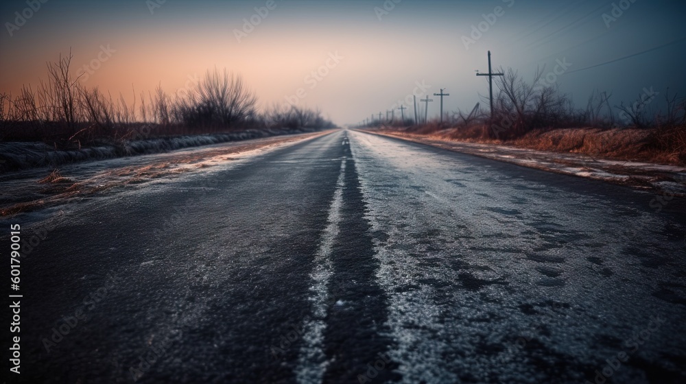 Poster an empty road in the middle of a field with a telephone pole in the distance. generative ai