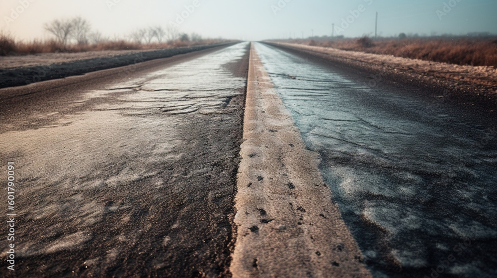 Poster a road with a line of snow on the side of it. generative ai