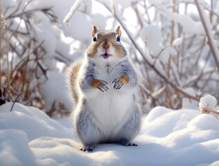 Happy and funny arctic squirrel in winter