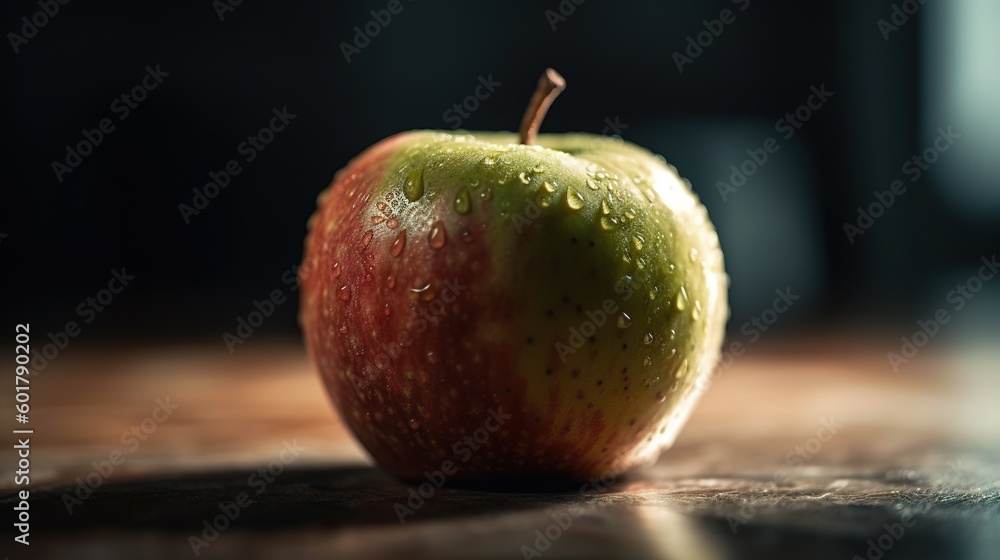 Poster an apple with water droplets on it sitting on a table. generative ai