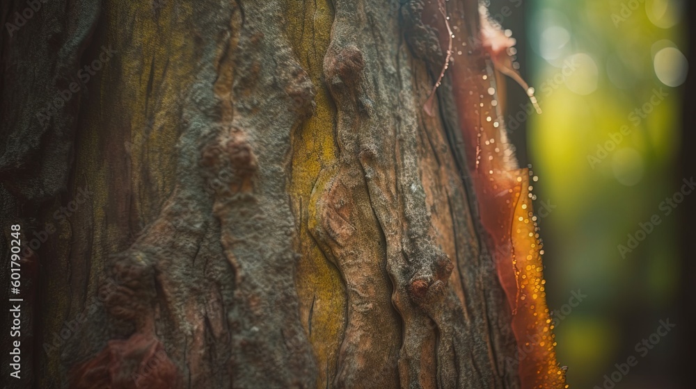 Poster a close up of a tree trunk with water droplets on it. generative ai