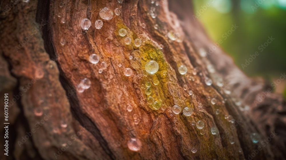 Poster a tree with water droplets on it and a blurry background. generative ai