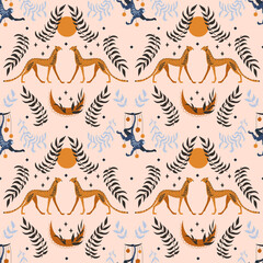 Leopards and leaves, seamless pattern, vector illustration.