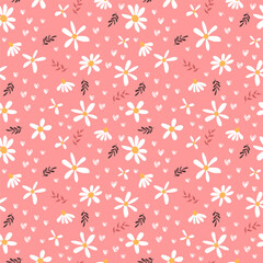 White daisies on a pink background, seamless pattern, vector illustration.