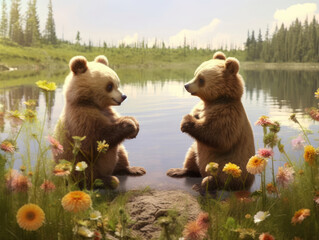 Two bear cubs play together in a meadow with flowers and a lake