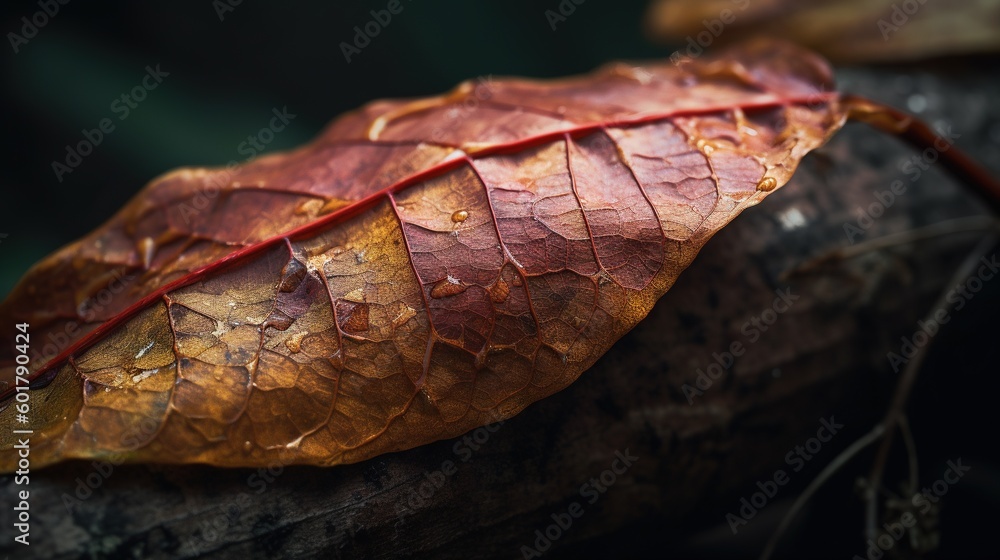 Poster a close up of a leaf on a tree branch with drops of water on it. generative ai