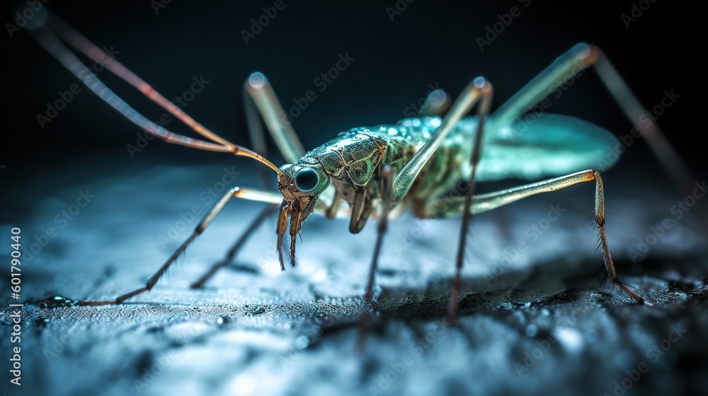 Poster a close up of a mosquito on a surface with a black background. generative ai