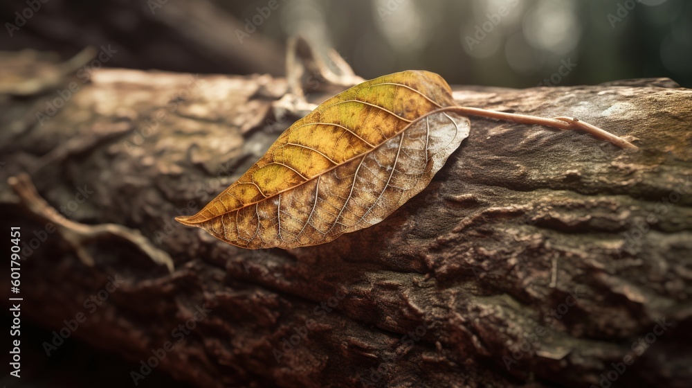 Poster a yellow leaf on a tree branch in the forest with a blurry background. generative ai