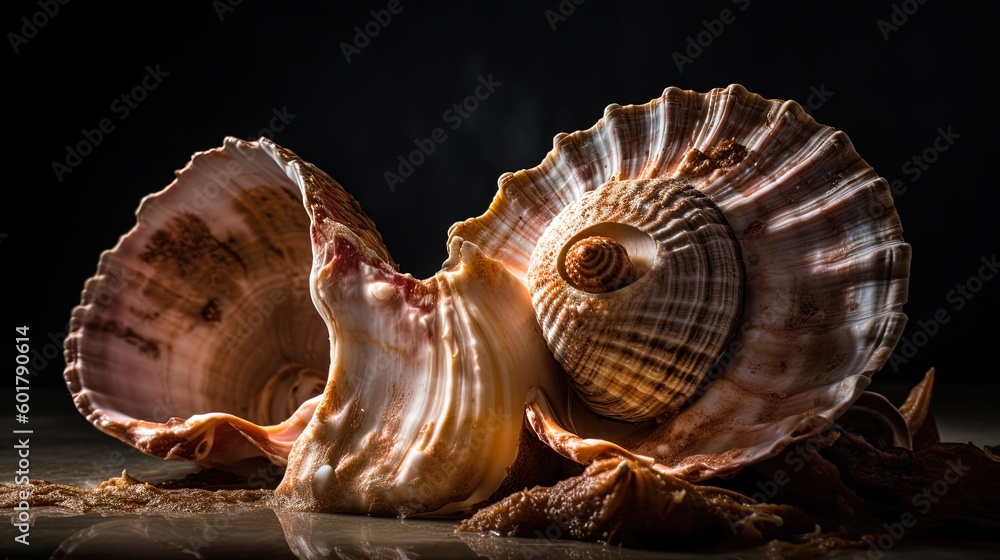 Aufkleber a close up of a sea shell on a table with other shells. generative ai