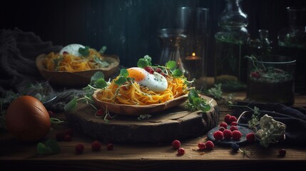 Naklejka na ściany i meble a plate of food with eggs on it on a table. generative ai