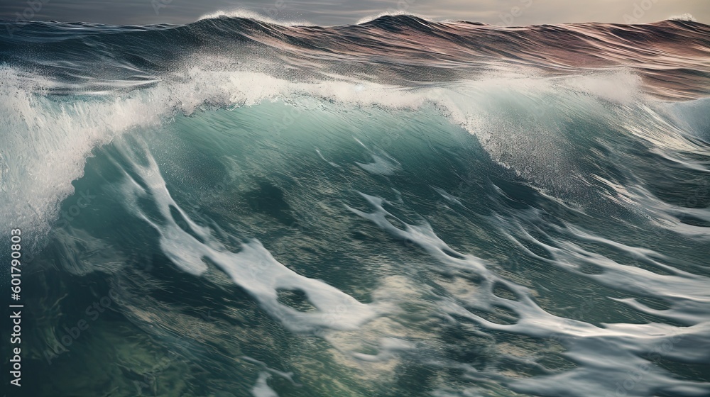Poster a large wave in the ocean with a cloudy sky in the background. generative ai