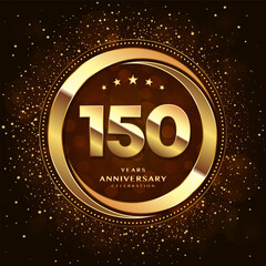 150th anniversary logo with double rings and gold font decorated with glitter and confetti