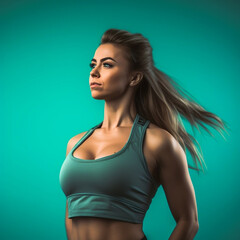 Young fit woman in sportswear on green background, -fiction Person Generative AI