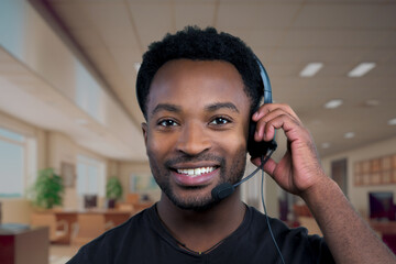 contact us support center customer service man smiling helpline african office receptionist headset