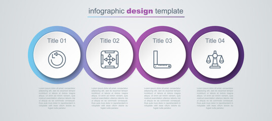 Set line Radius, Area measurement, Corner ruler and Scales of justice. Business infographic template. Vector