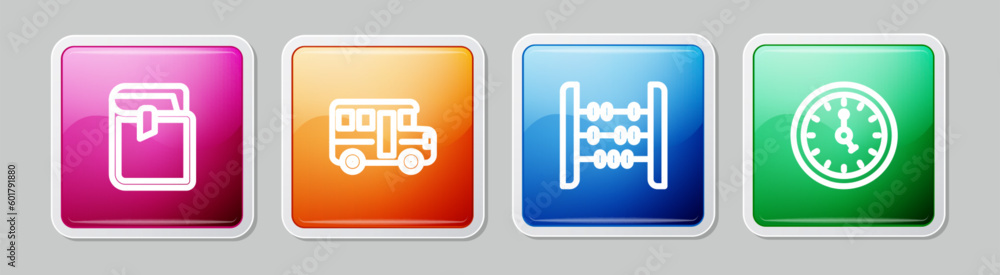 Sticker set line book, school bus, abacus and clock. colorful square button. vector